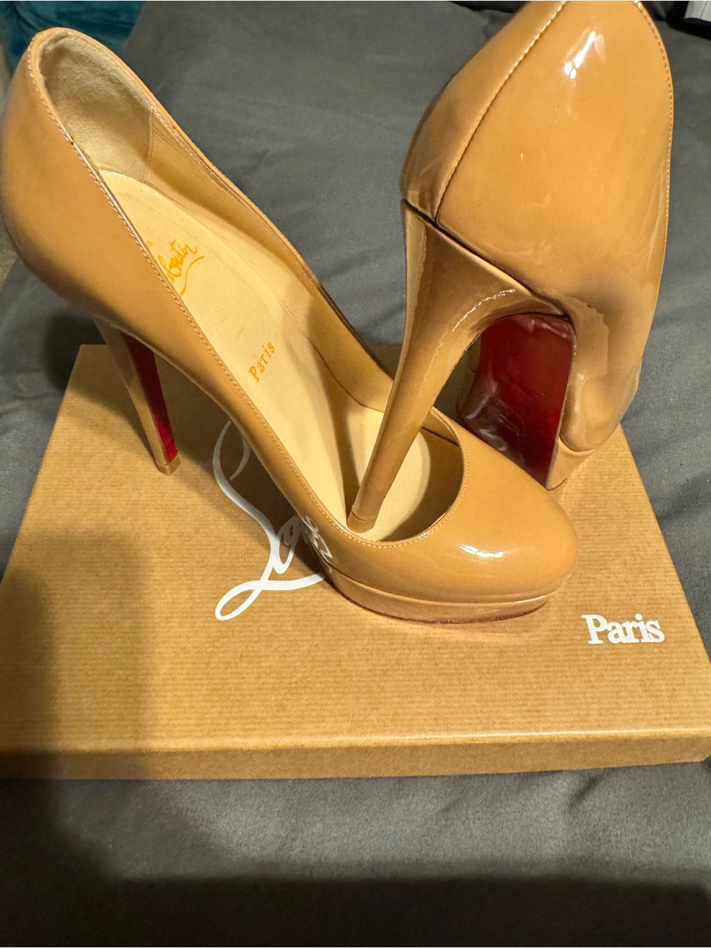 Christian Louboutin Beige Patent Leather Platform Pumps with Red Soles